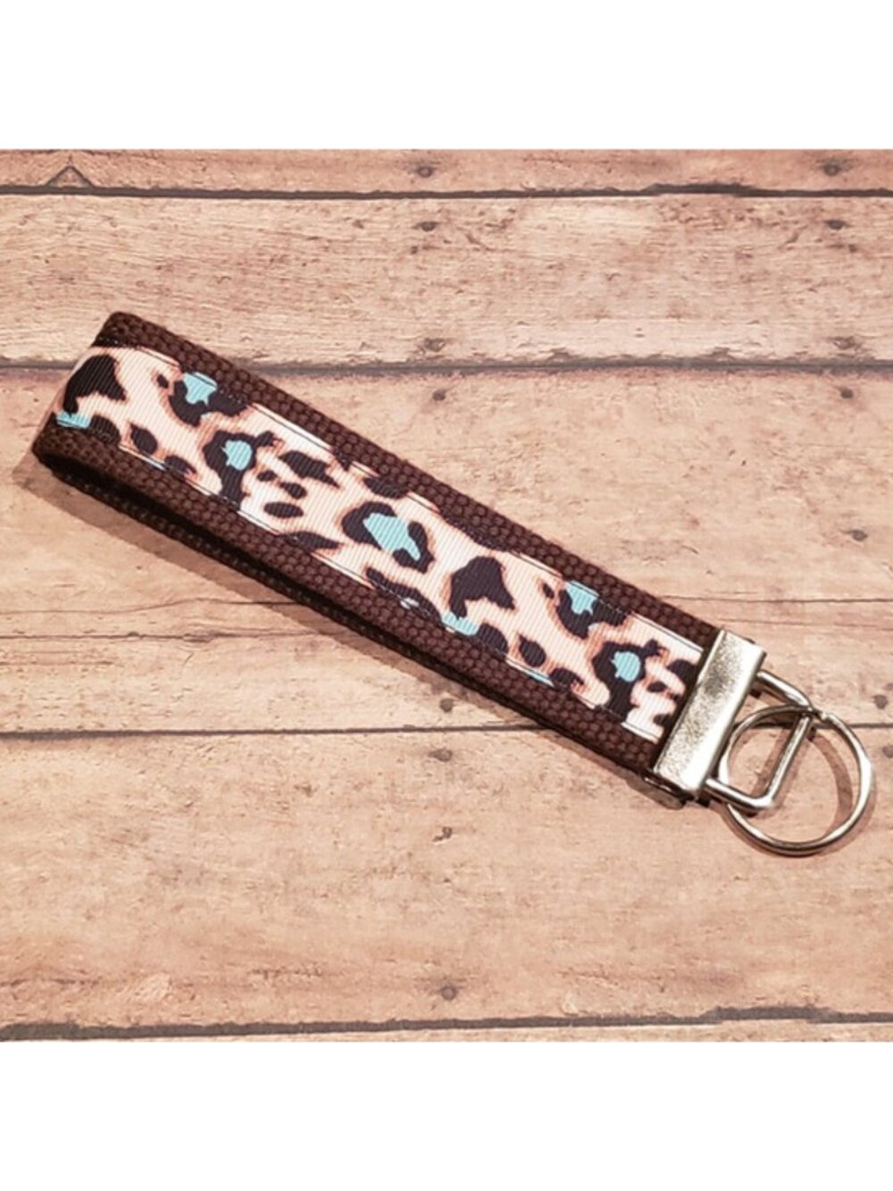 Brown and Teal Cheetah Wristlet Keyfob / Keychain